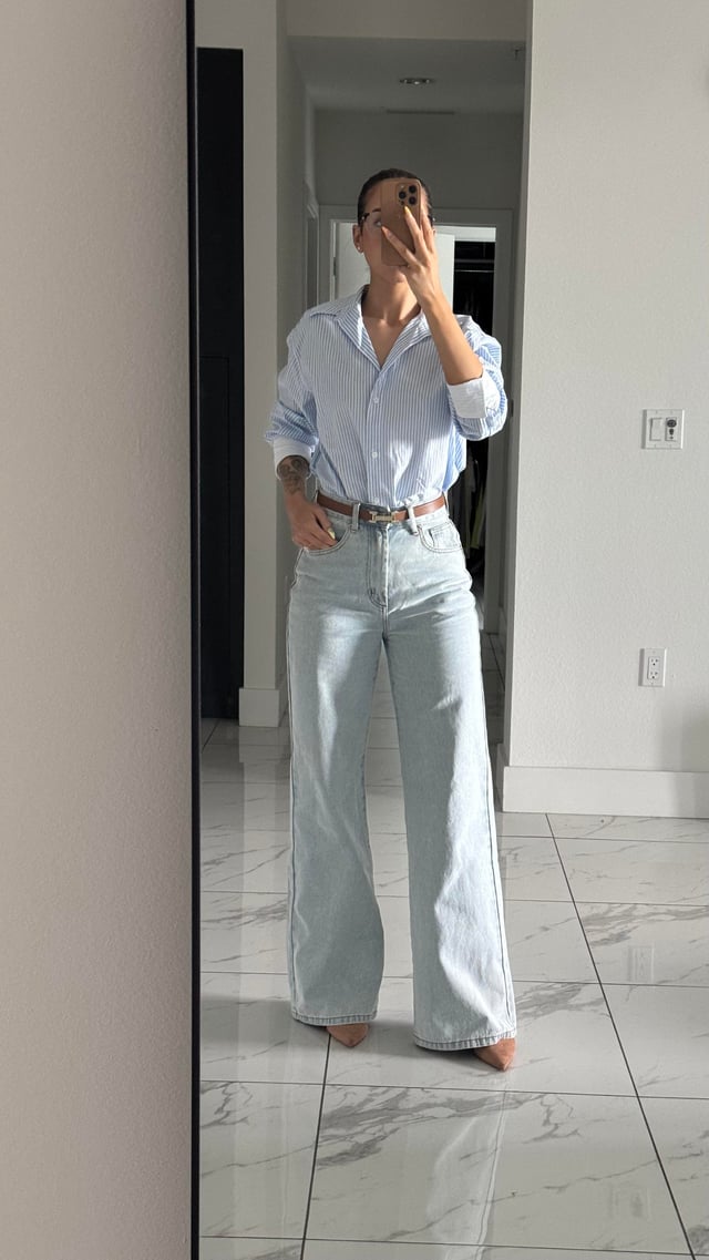 Striped Button-Down with Wide-Leg Jeans and Pumps Striped Button-Down with Wide-Leg Jeans and Pumps — Casual Outfits