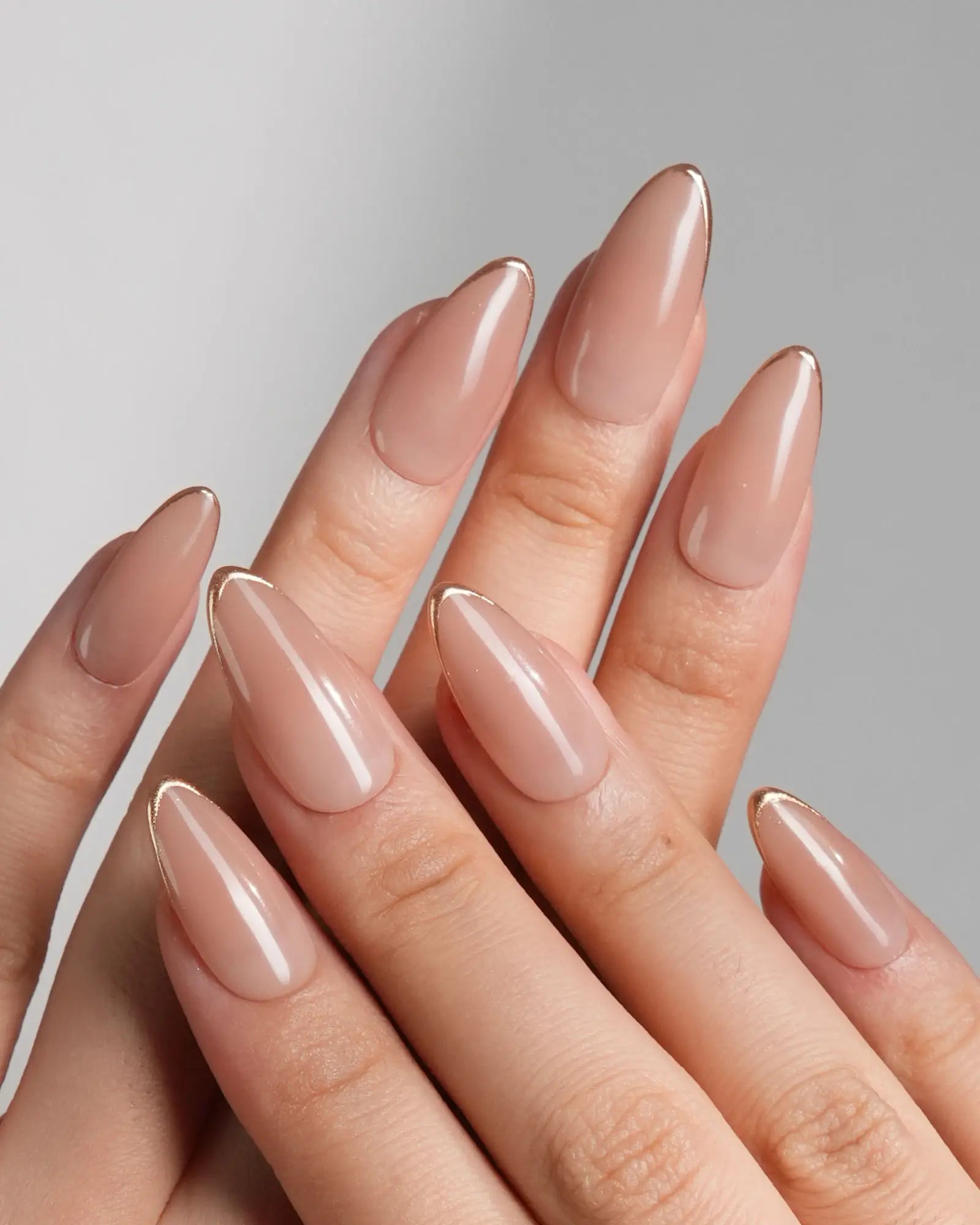 Gold Line Sheer Nude French Medium Almonds — Medium Almond Nails