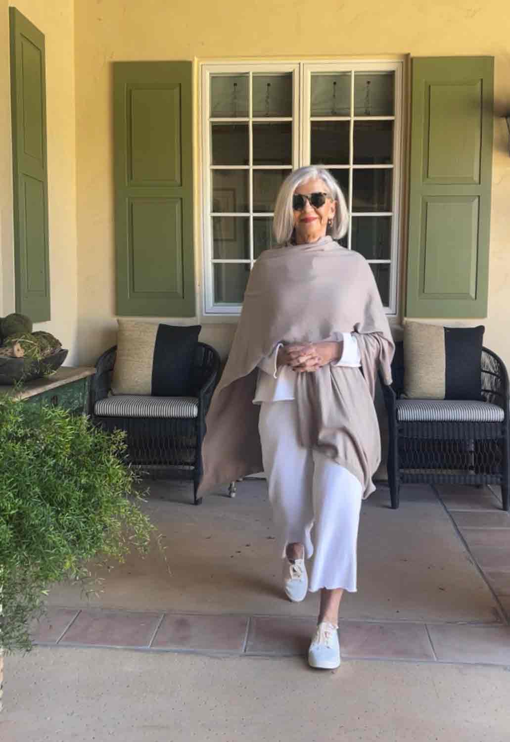 White Cropped Trousers with Beige Knit Wrap White Cropped Trousers with Beige Knit Wrap — Coastal Grandmother Outfits