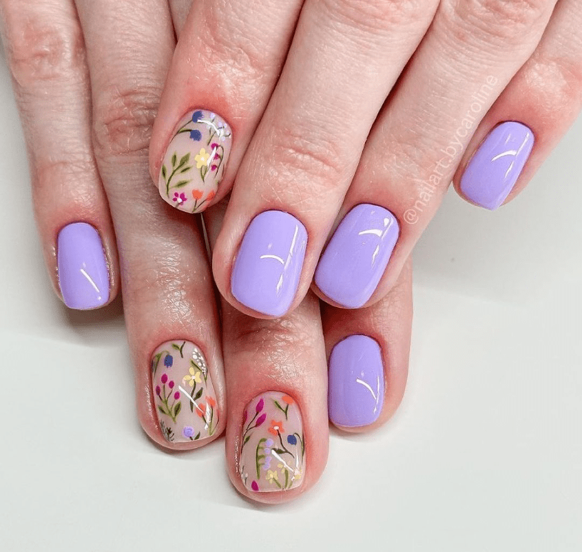 Short Square Lavender with Hand-Painted Wildflowers Short Square Lavender with Hand-Painted Wildflowers — Flower Nails