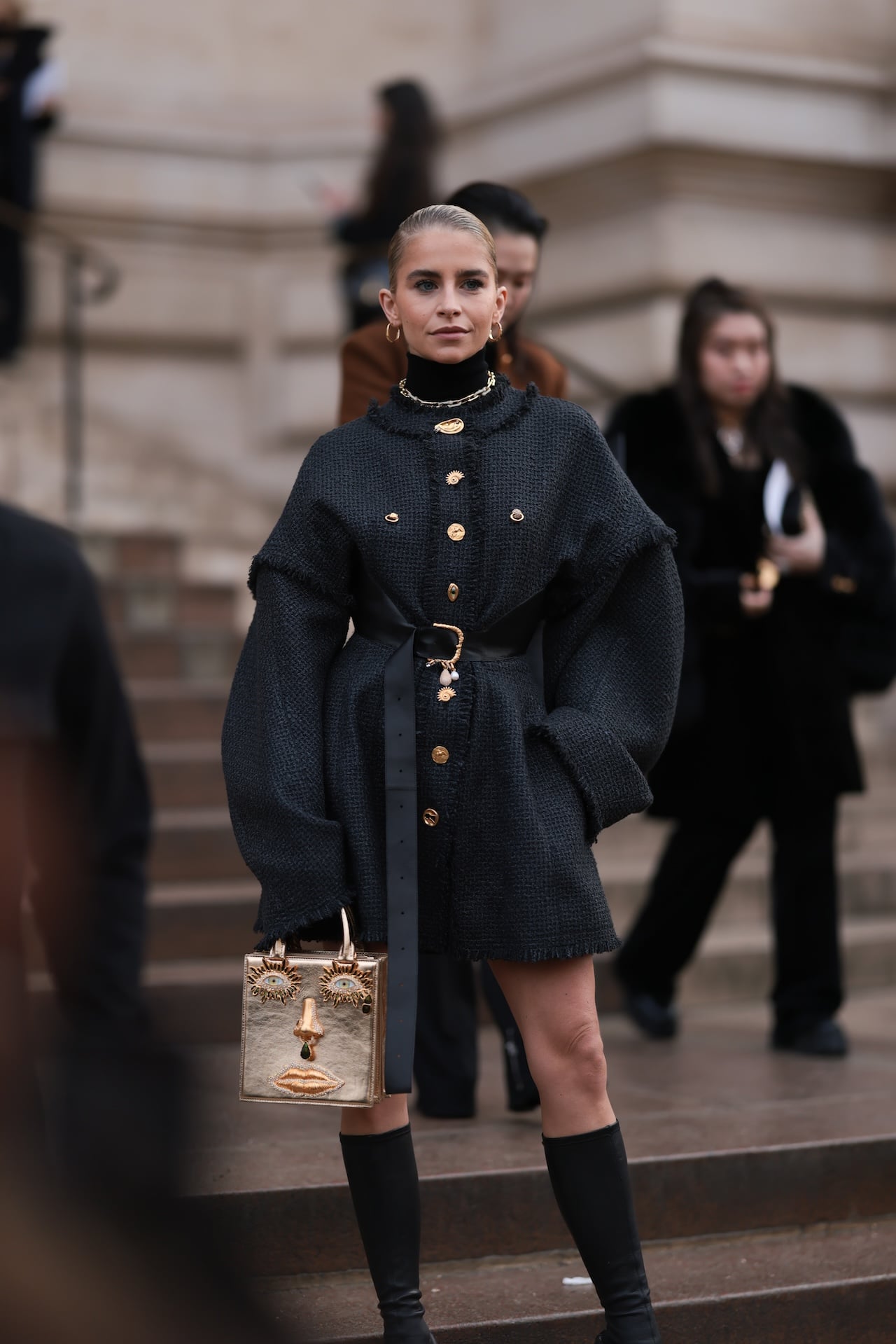 Statement Grey Textured Jacket Dress with Gold Accents Statement Grey Textured Jacket Dress with Gold Accents — Designer Outfits