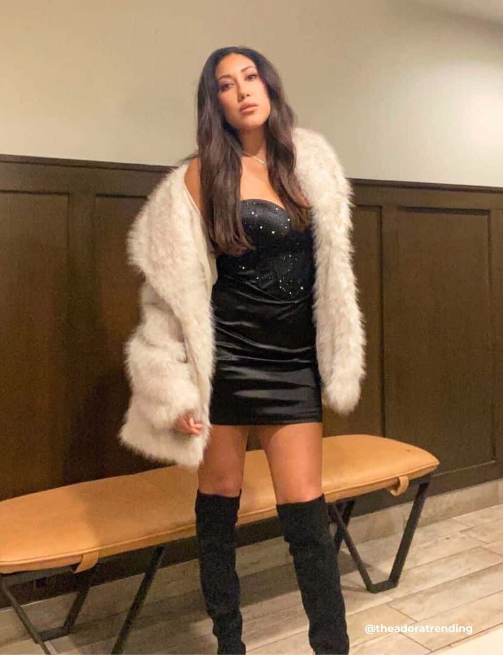 Black Satin Mini Dress with Cream Faux Fur Coat Black Satin Mini Dress with Cream Faux Fur Coat — Club Outfits