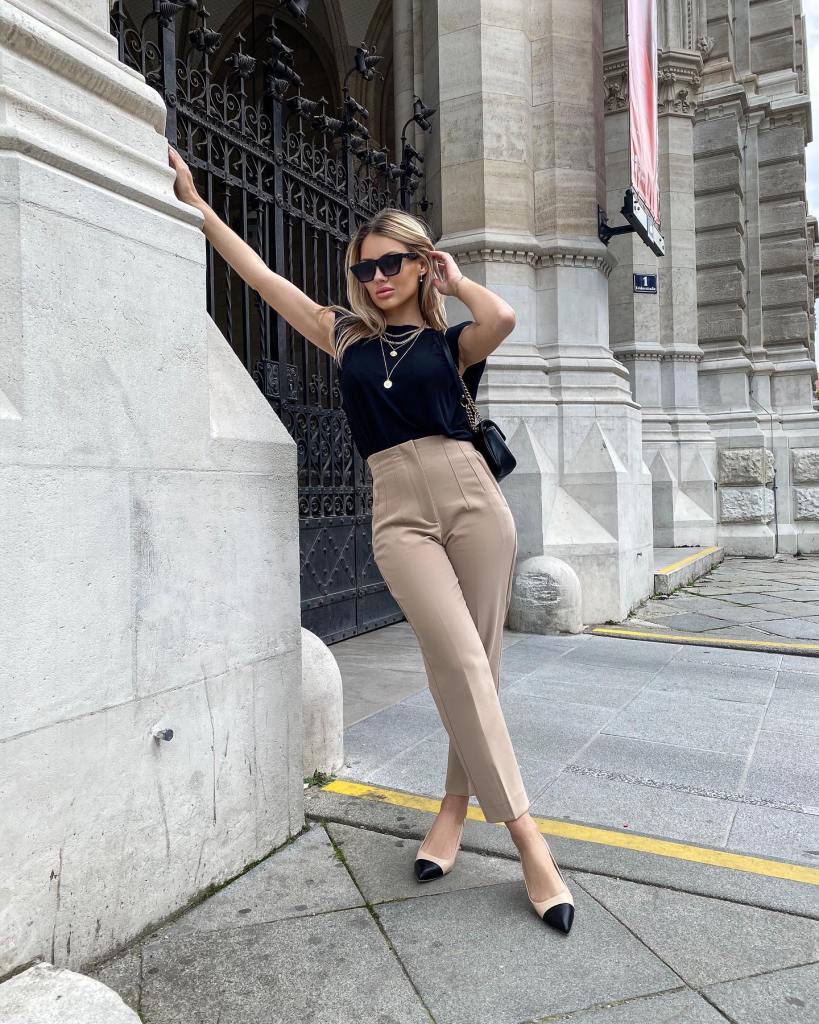 High-Waisted Beige Trousers with Black T-Shirt and Cap-Toe Heels — Brunch Outfits