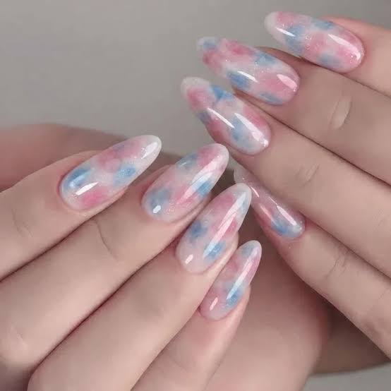 Shimmering Pink Blue White Almond Nails Shimmering Pink Blue White Almond Nails — Blooming Gel Nails
