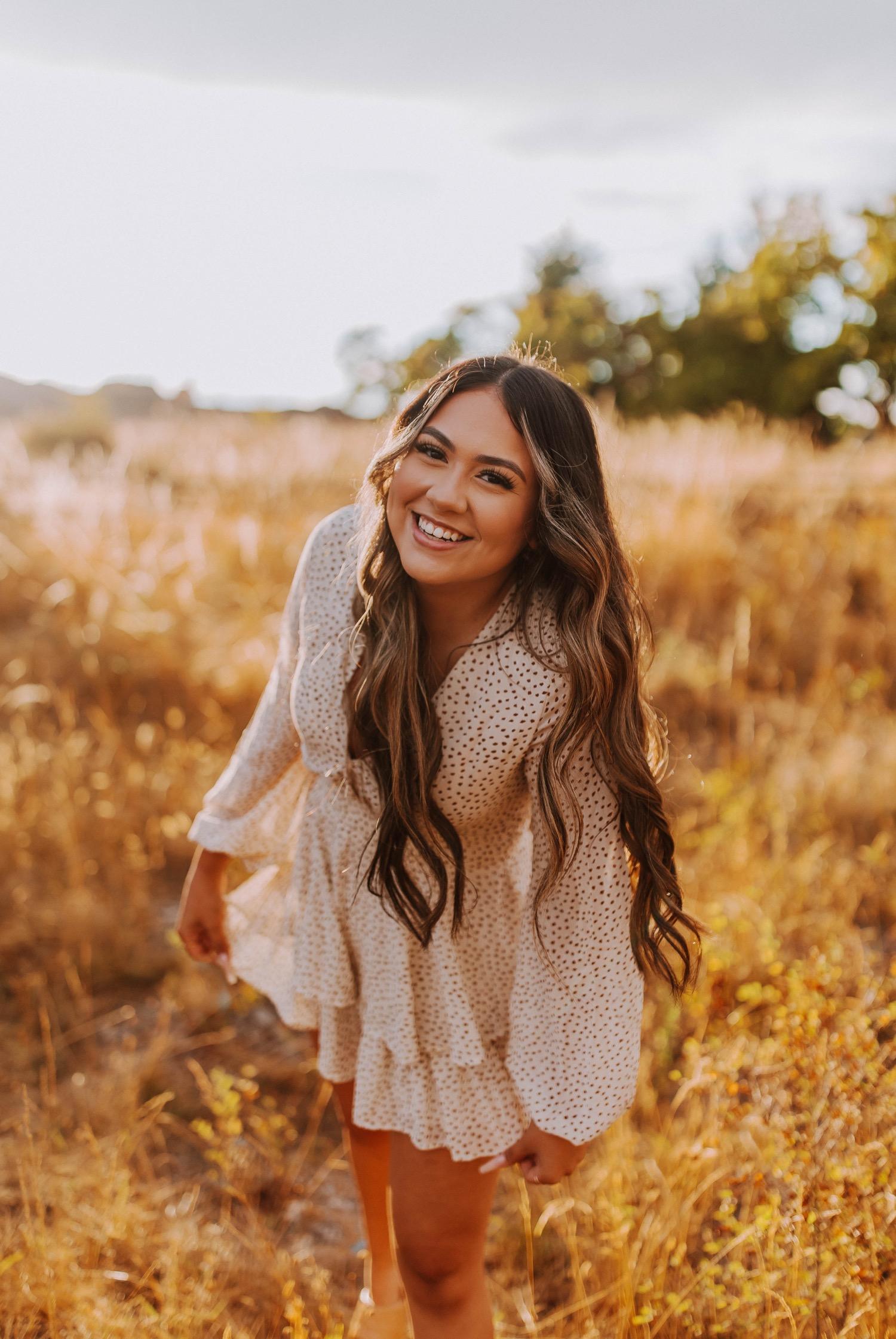 Cream Polka Dot Tiered Mini Dress for Golden Field Photos Cream Polka Dot Tiered Mini Dress for Golden Field Photos — Senior Picture Outfits