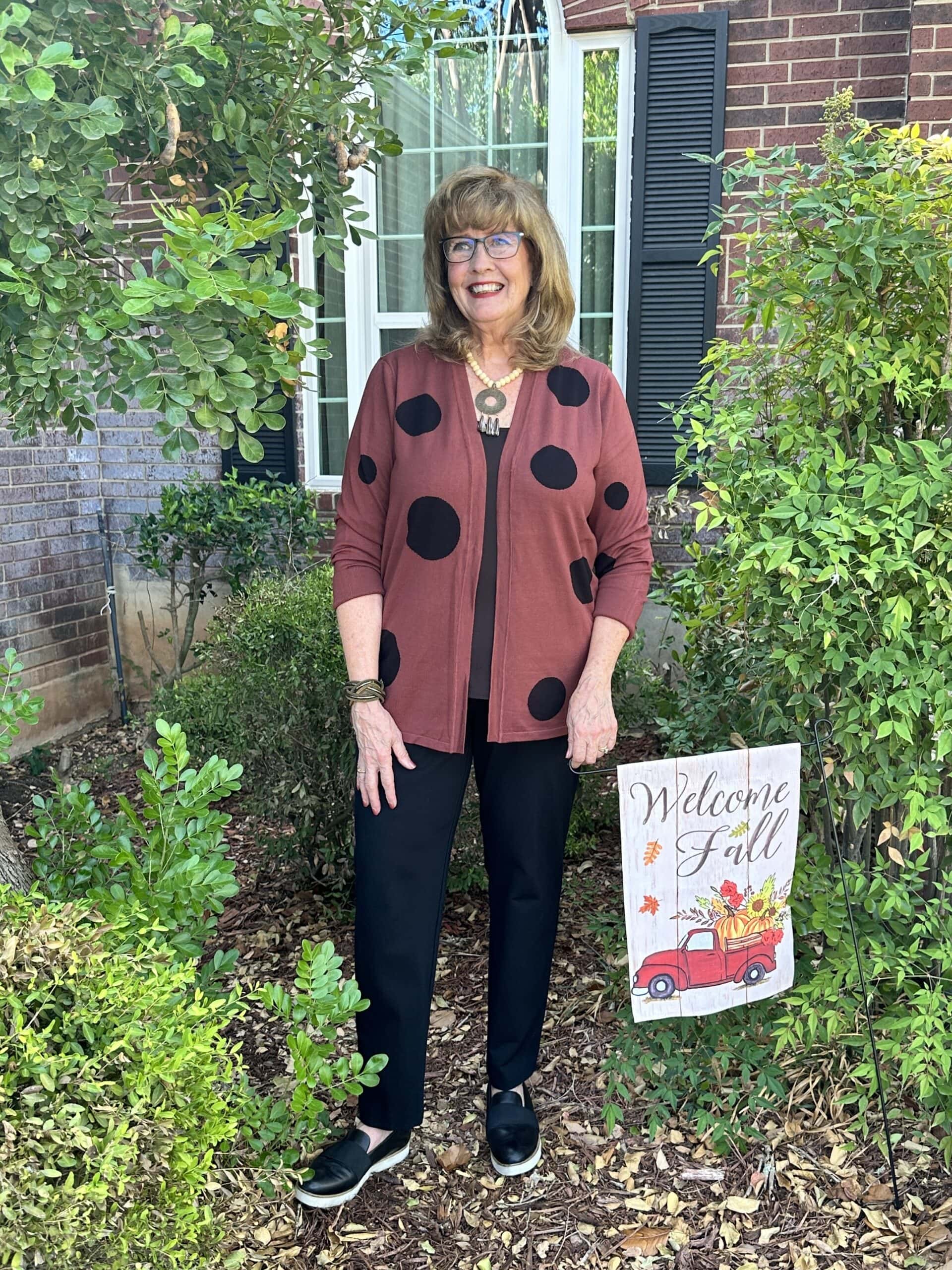 Casual Fall Day: Polka Dot Cardigan with Black Pants Casual Fall Day: Polka Dot Cardigan with Black Pants — Outfits for Women Over 60