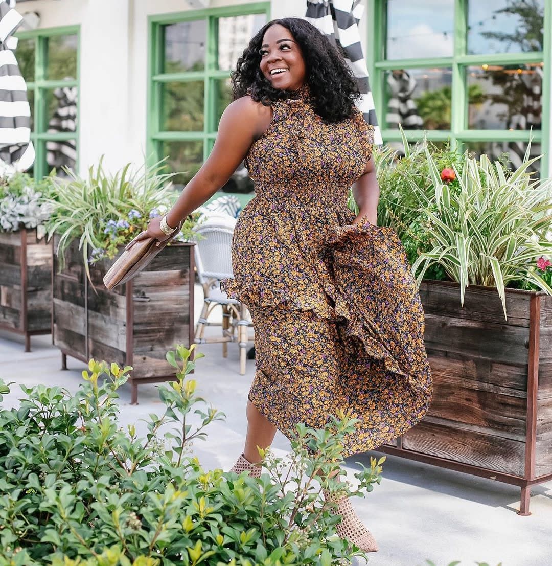 Floral Print Midi Dress with Smocked Bodice and Ruffled Skirt — Rehearsal Dinner Outfits