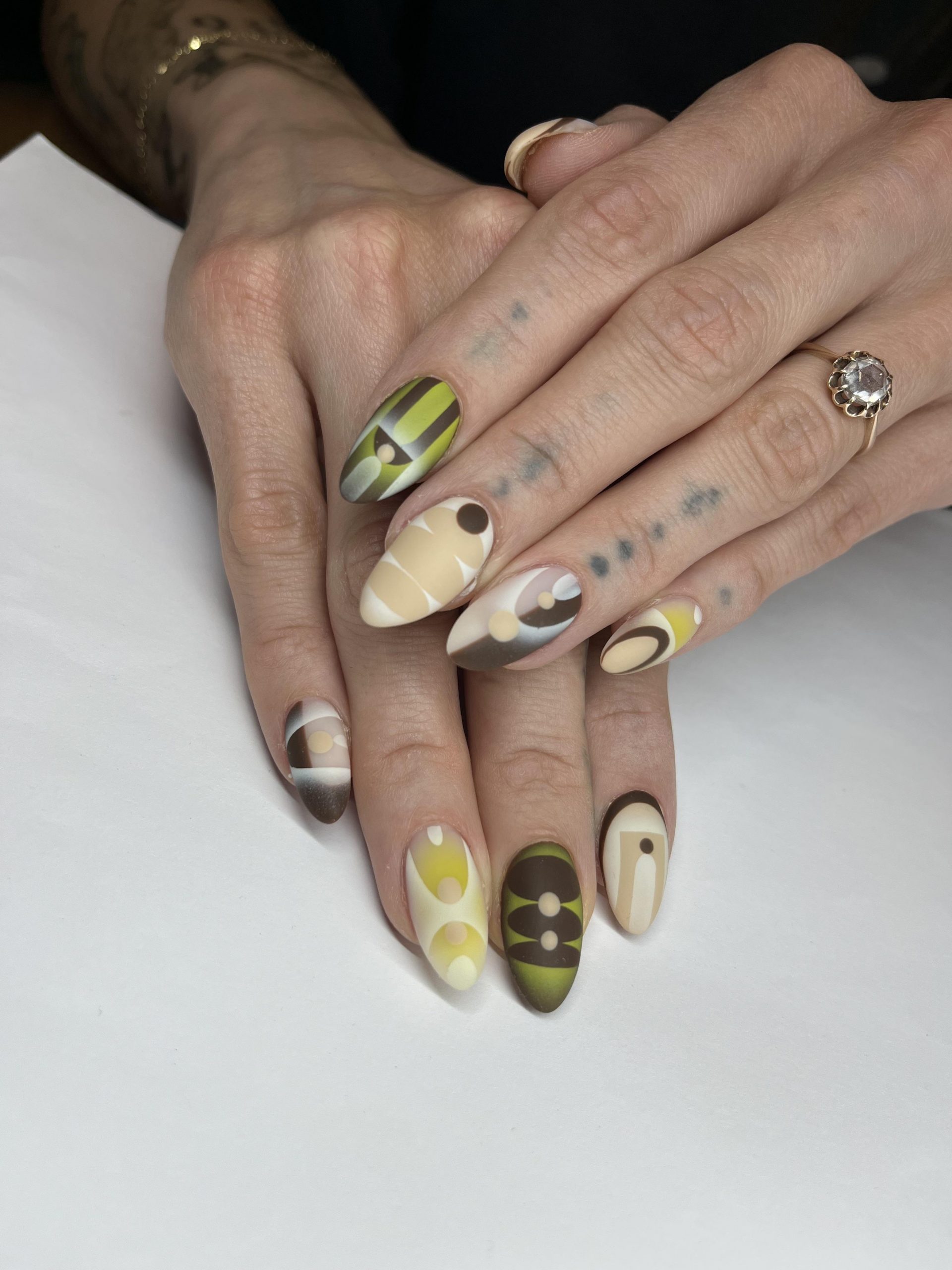 Matte Geometric Olive Green and Beige — Airbrush Nails