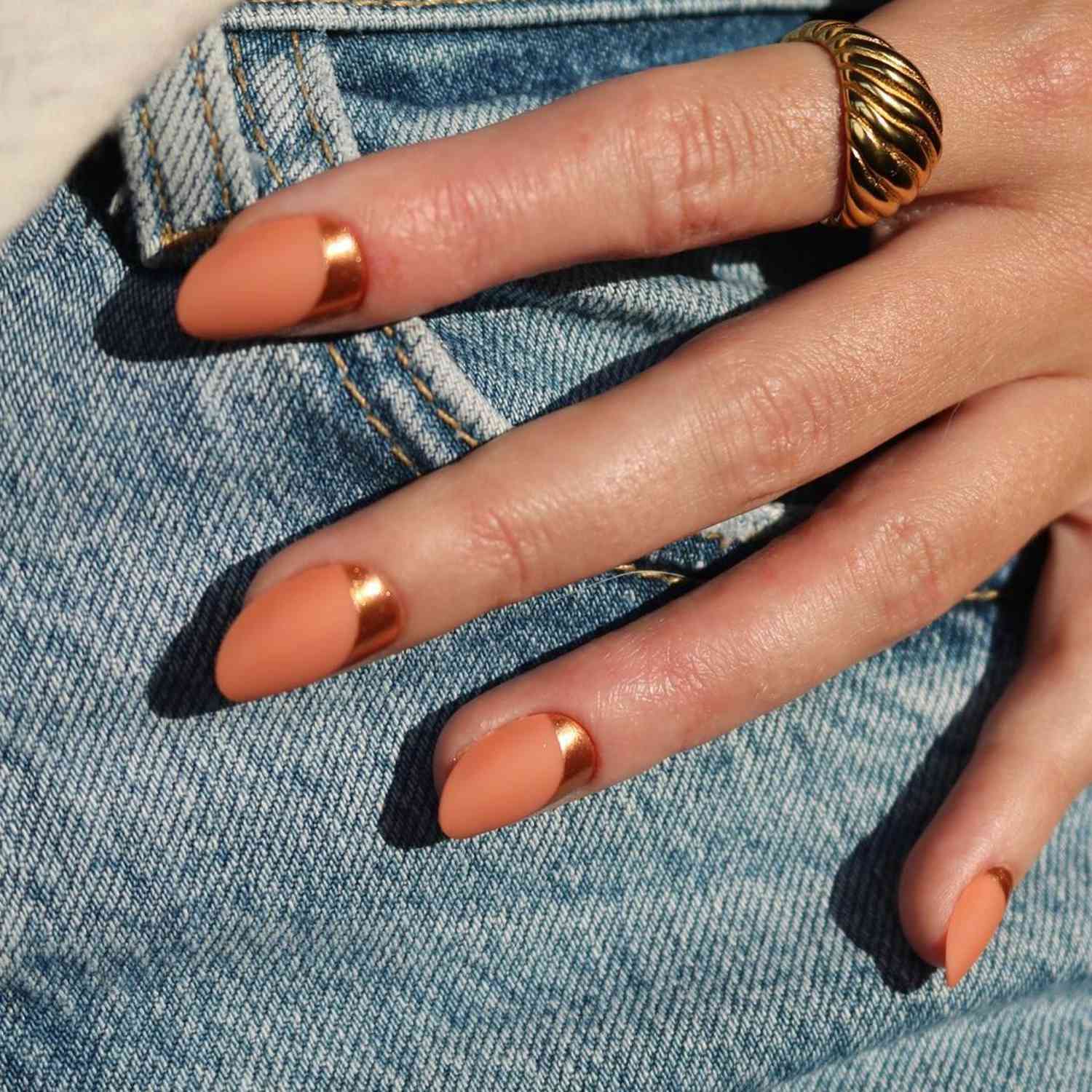 Matte Peach Metallic Copper Stiletto — Reverse French Nails