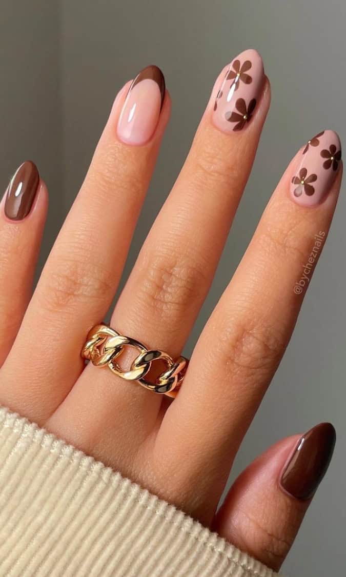 Nude With Brown Floral & French — Wedding Guest Nails