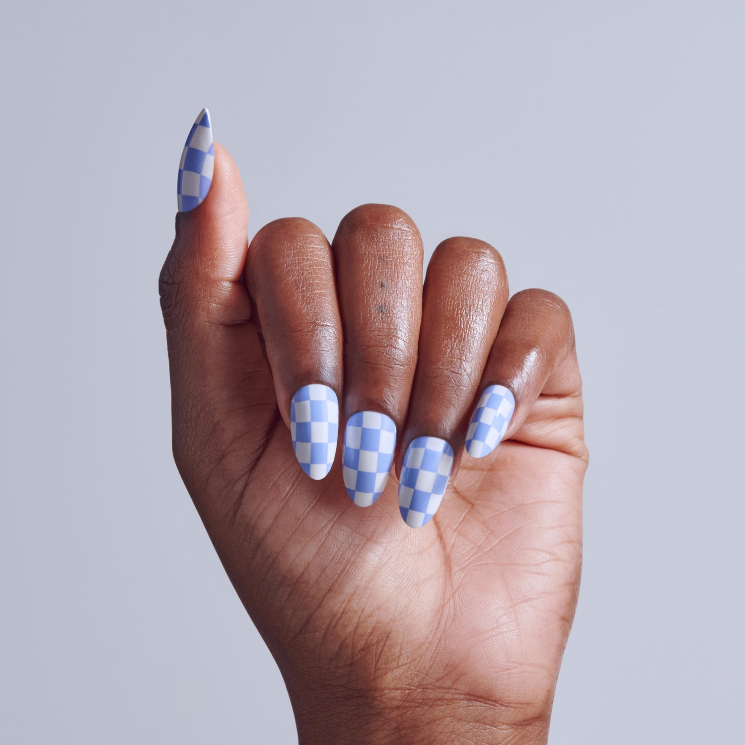 Light Blue Gingham Check Stiletto Nails — Press On Nails