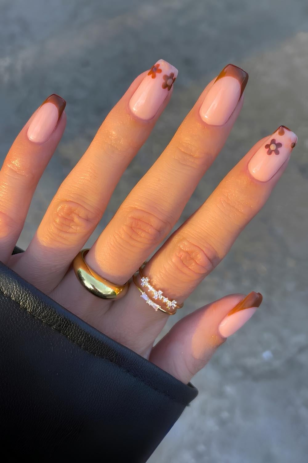 Playful Floral Brown French Tips — Brown French Tip Nails