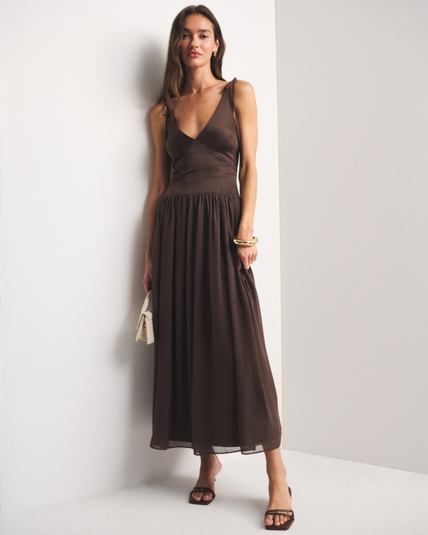 Rich Texture: Chocolate Brown Satin and Chiffon Maxi Dress Rich Texture: Chocolate Brown Satin and Chiffon Maxi Dress — Wedding Guest Outfits