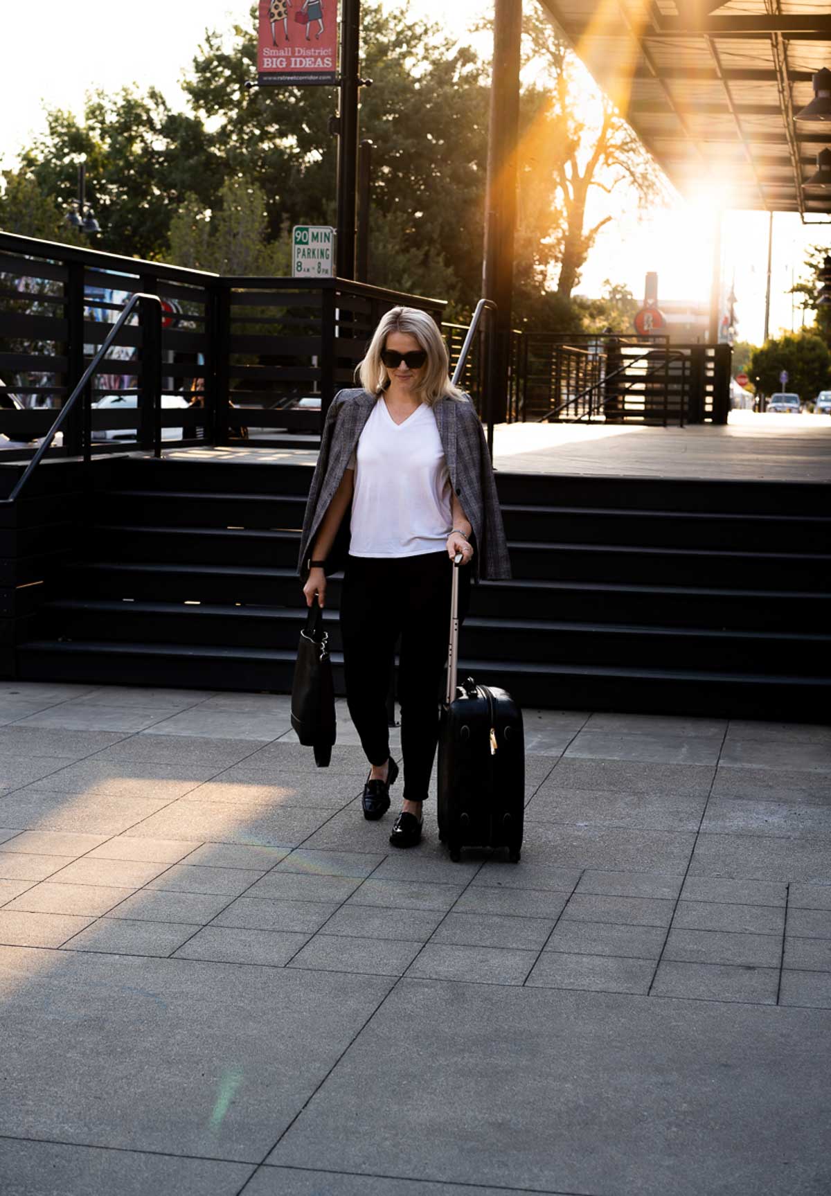 Patterned Blazer and Black Pants for Chic Travel Ensemble — Travel Outfits