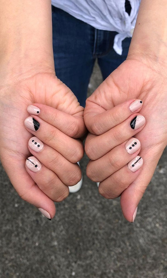 Nude Short Square with Black Geometric Art — Minimalist Nails