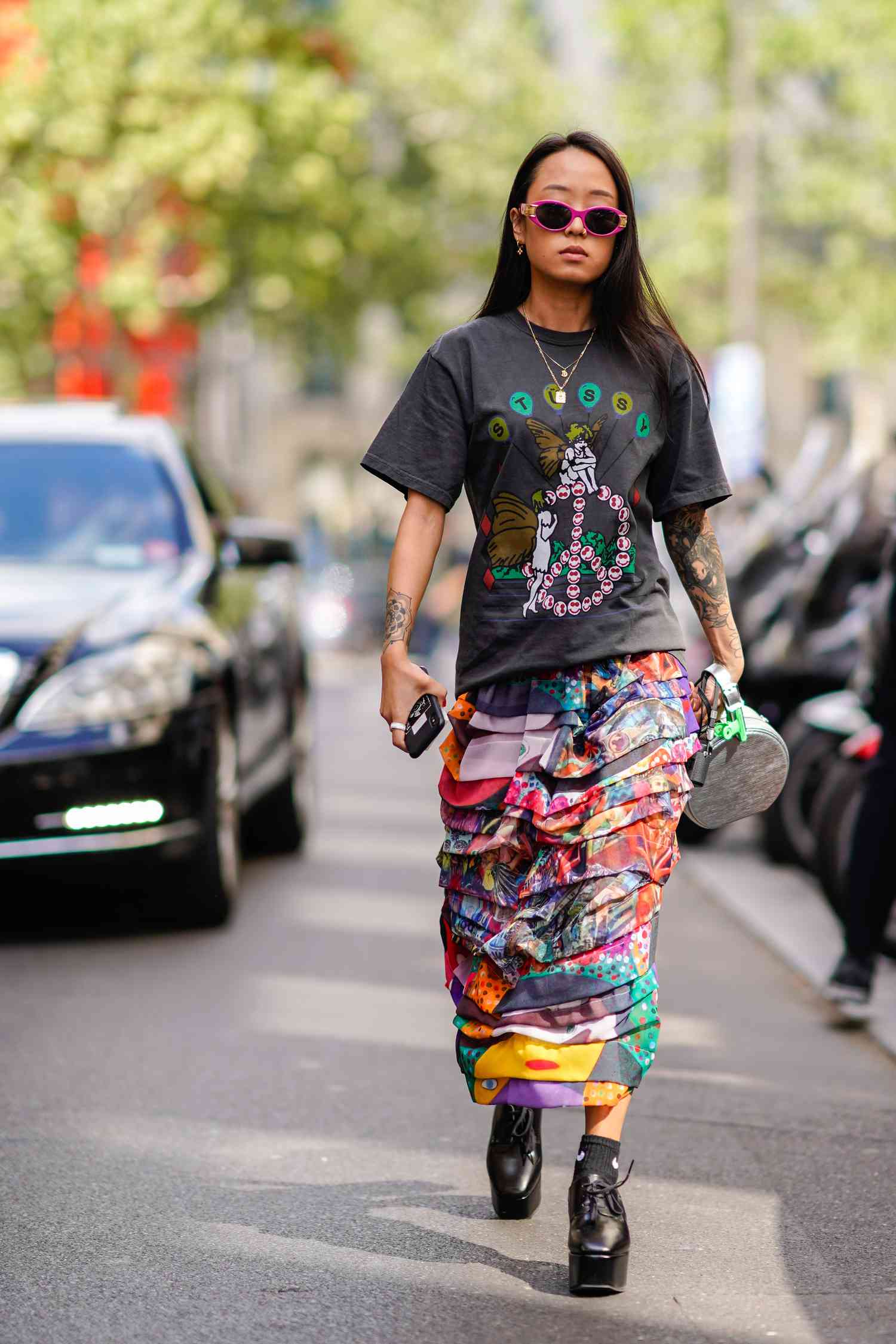 Graphic Tee with a Vibrant Tiered Skirt — Grunge Outfits