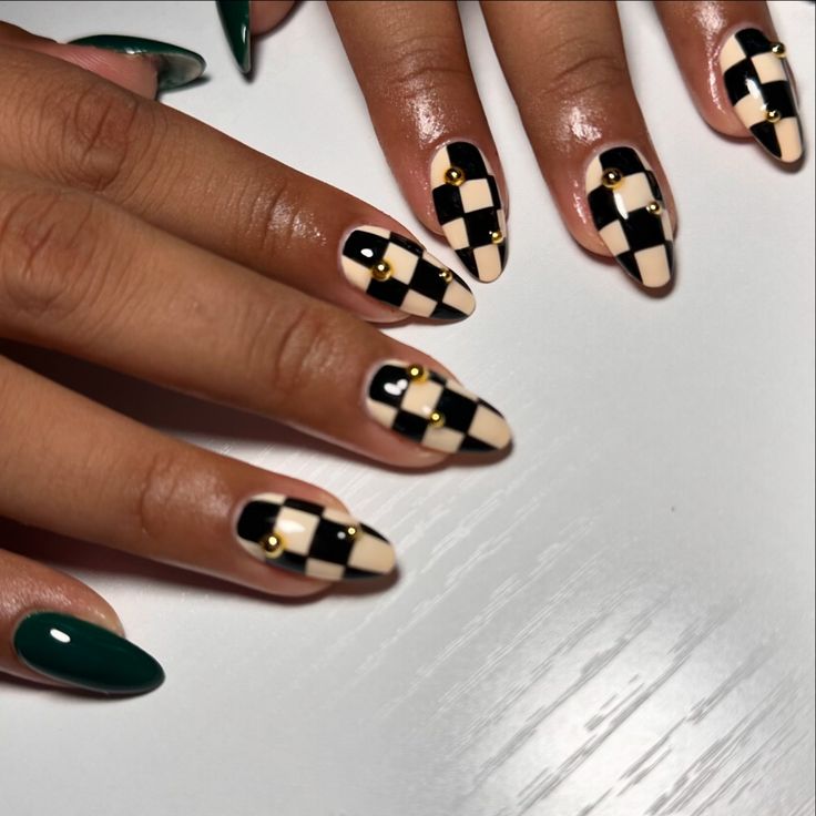 Black Beige Checkered Nails with Gold Studs Black Beige Checkered Nails with Gold Studs