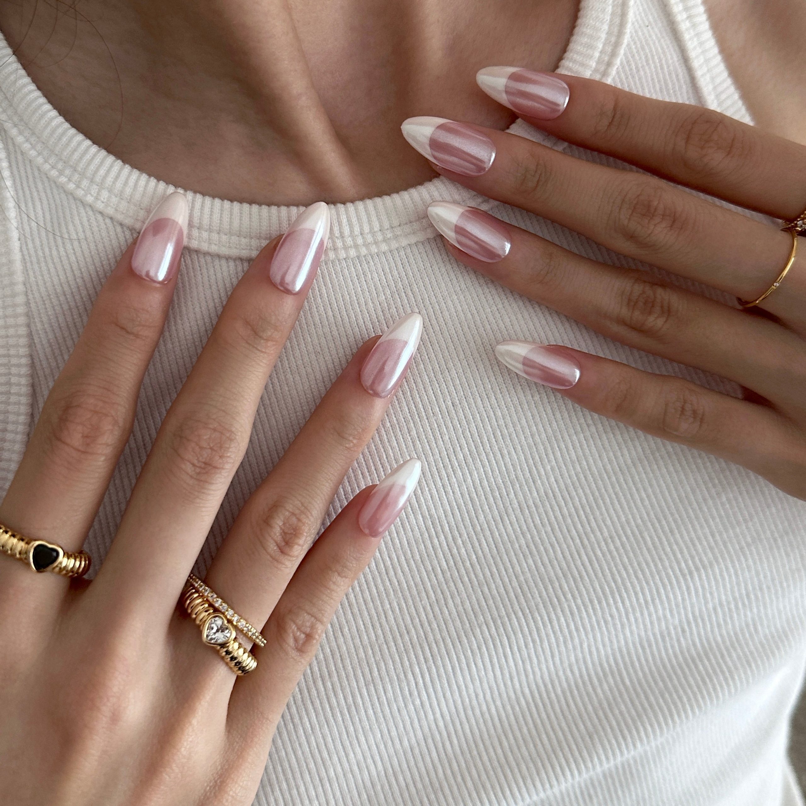 Chrome Effect French Tip Stilettos Chrome Effect French Tip Stilettos — Glazed Donut Nails