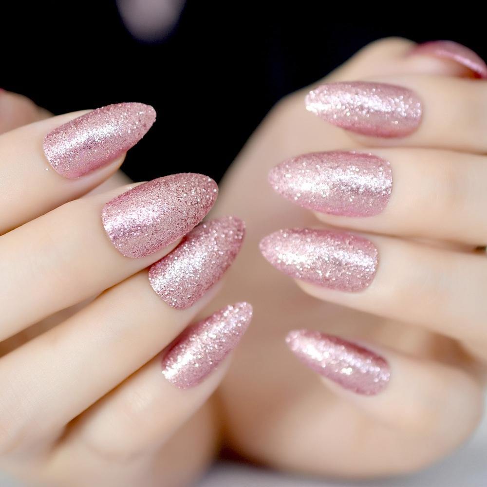 Full Coverage Light Rose Gold Glitter Stilettos Full Coverage Light Rose Gold Glitter Stilettos — Rose Gold Nails