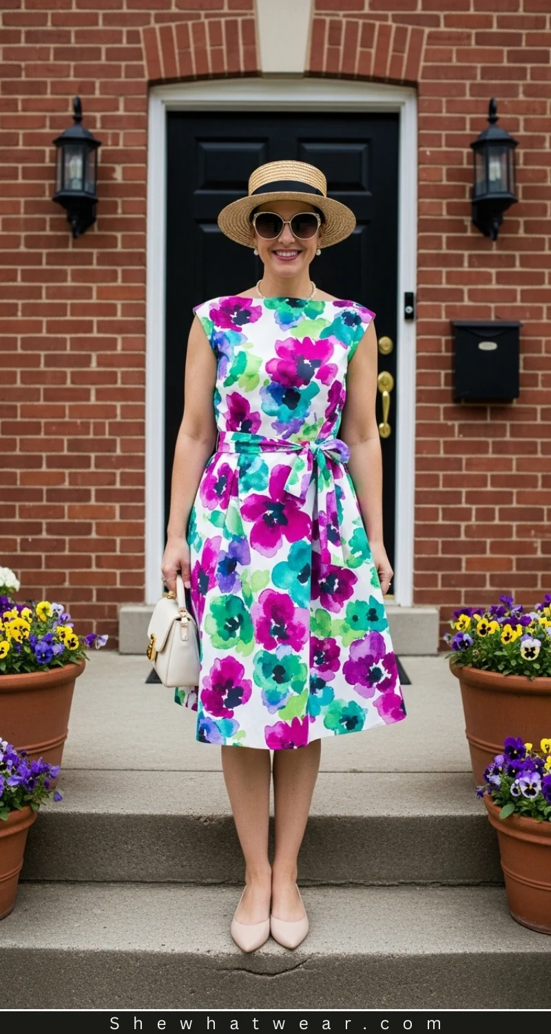 Vibrant Floral Print Fit-and-Flare Dress with Straw Boater Hat — Tea Party Outfits