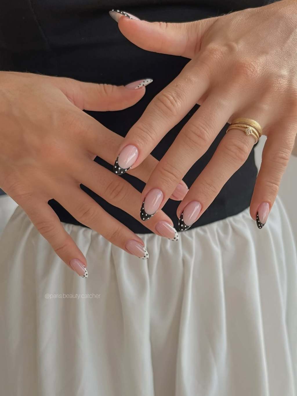 Black French Tips With White Polka Dots Polka Dot Black French Tip Almond Nails Black French Tips With White Polka Dots Polka Dot Black French Tip Almond Nails — Black and White Nails