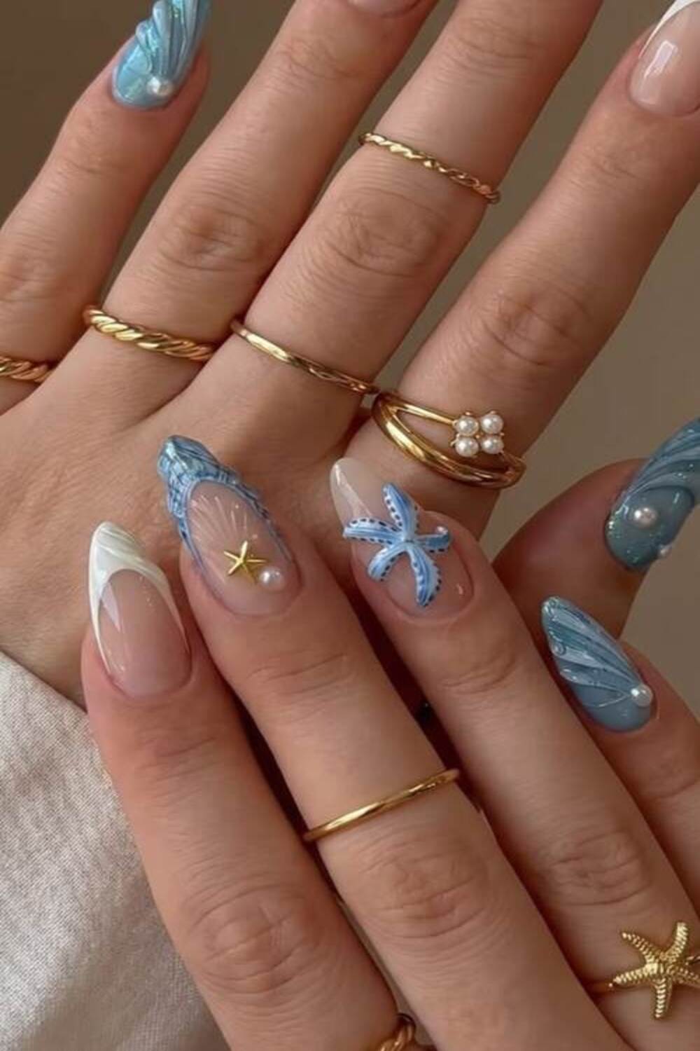 Blue White 3D Seashell Stilettos Blue White 3D Seashell Stilettos — Mermaid Nails