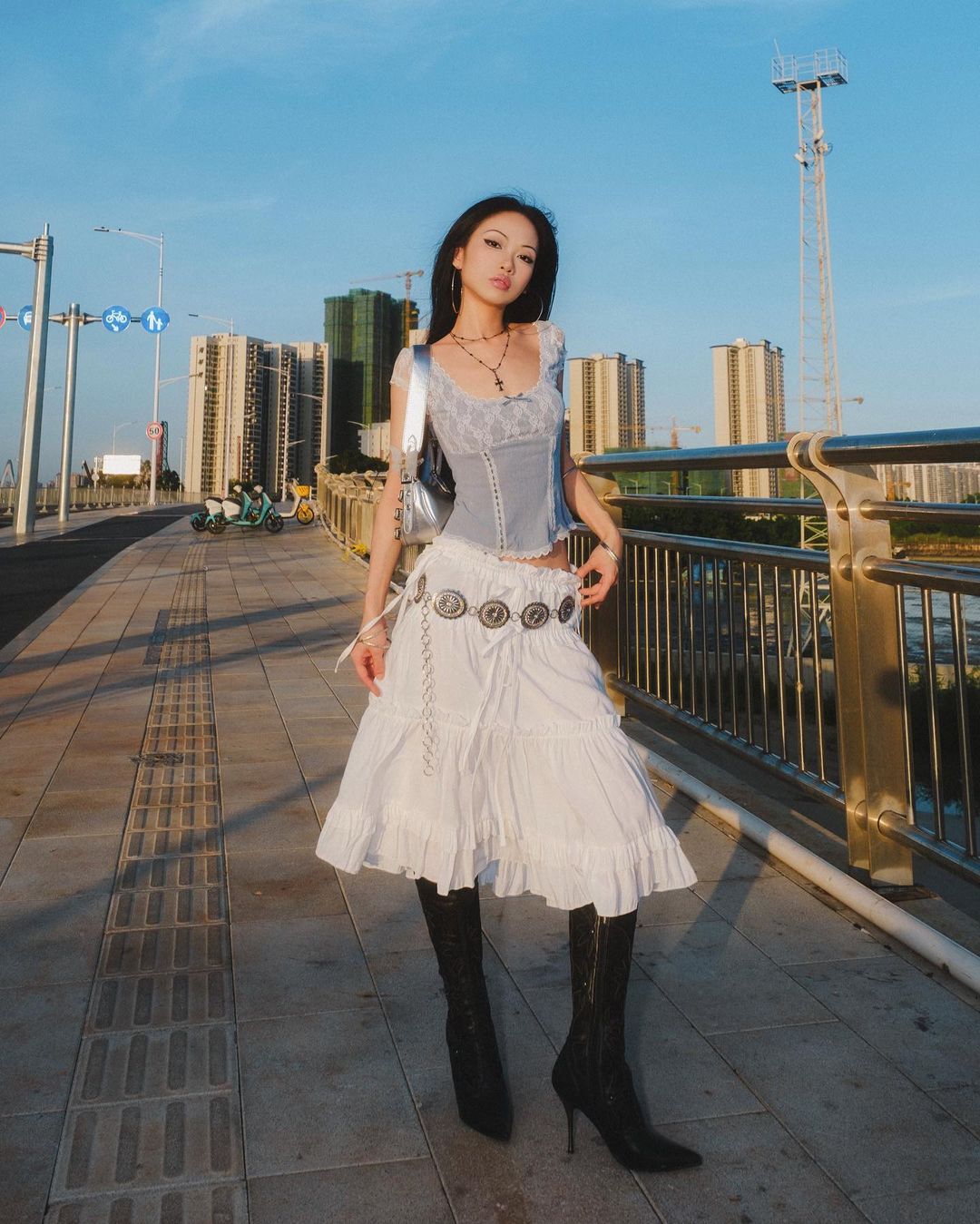 Grey Corset Top with White Tiered Skirt and Heeled Boots — Coastal Cowgirl Outfits