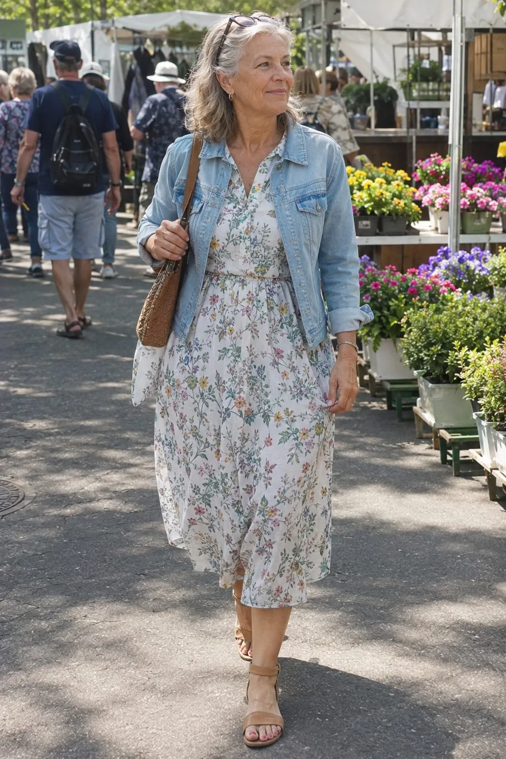 Casual Daytime Outing: Denim Jacket over Floral Midi Dress Casual Daytime Outing: Denim Jacket over Floral Midi Dress — Outfits for Women Over 60