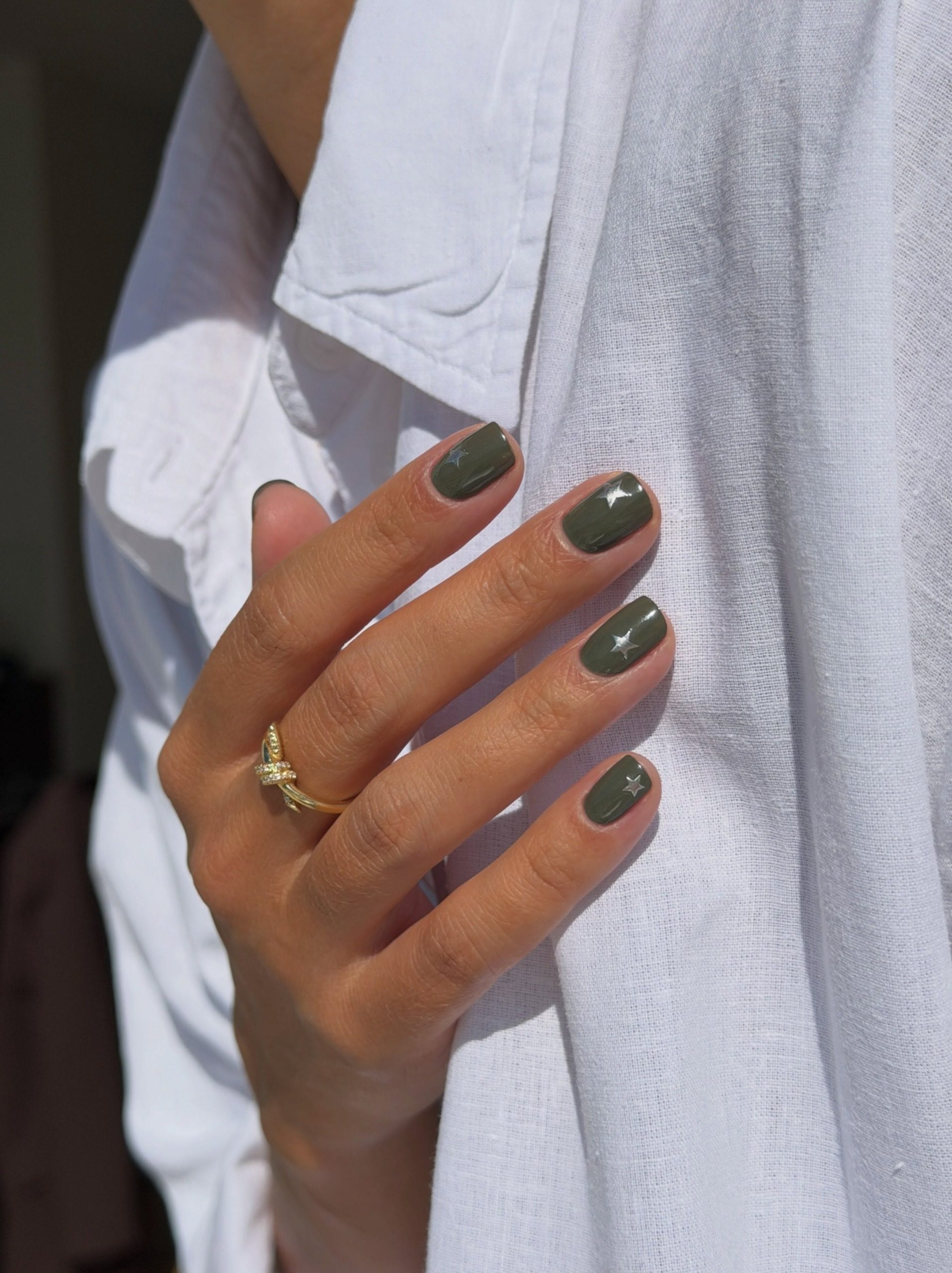 Short Square Muted Olive Green with Silver Stars — Nails for Olive Skin