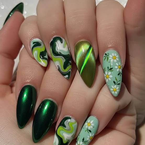 Glossy Metallic Cat-Eye Visual Idea — Green Nails