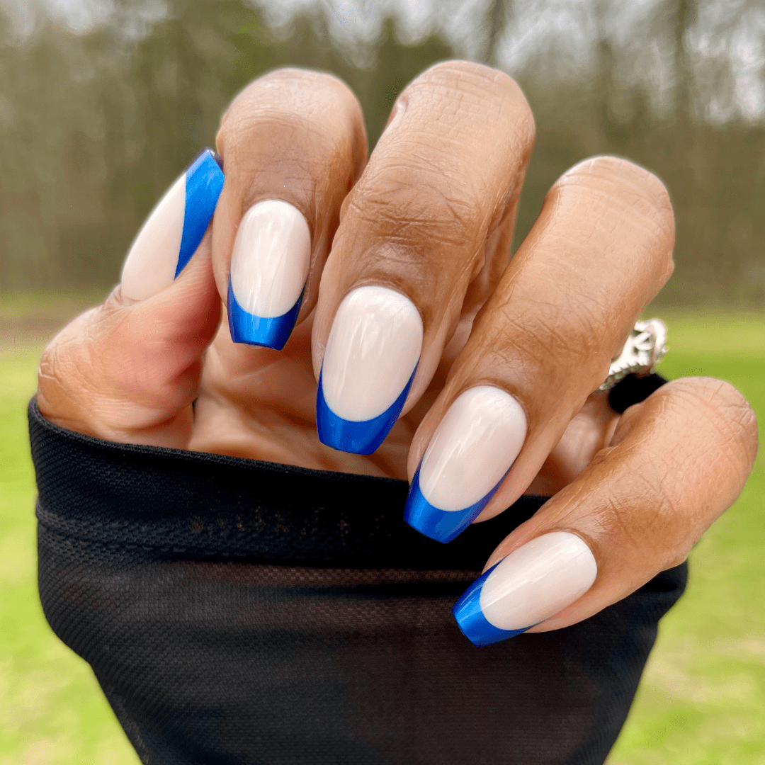 Metallic Blue Chrome French Square Nails — Blue French Tip Nails