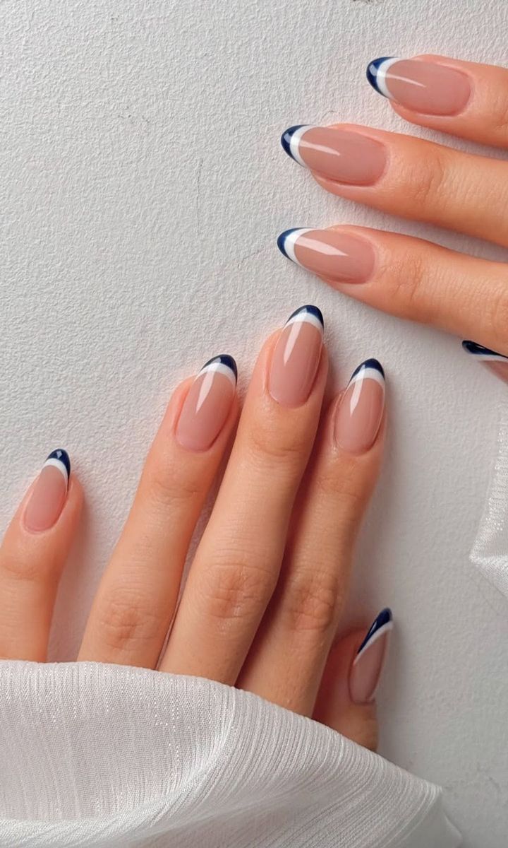 Nude French with Navy Accent Line — Nail Designs