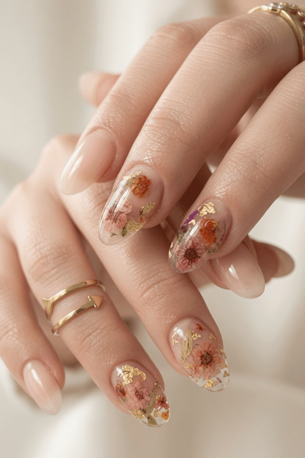 Embedded Dried Flowers and Gold Foil — Nails for Women Over 40