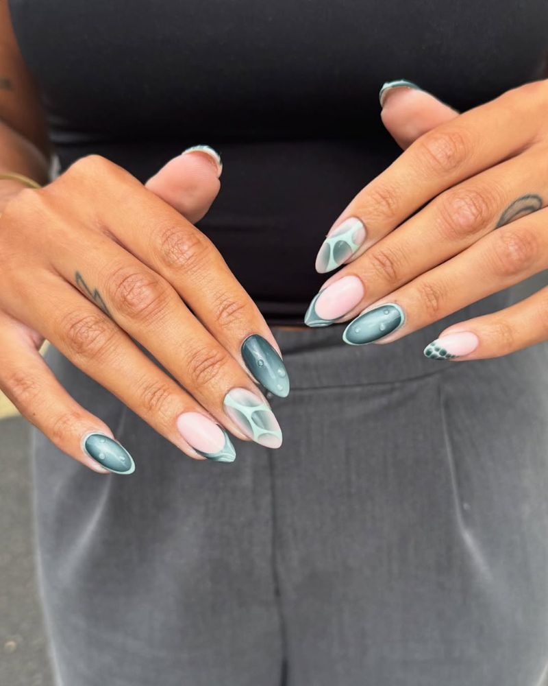 Teal Marble Abstract Almond Nails — Teal Nails