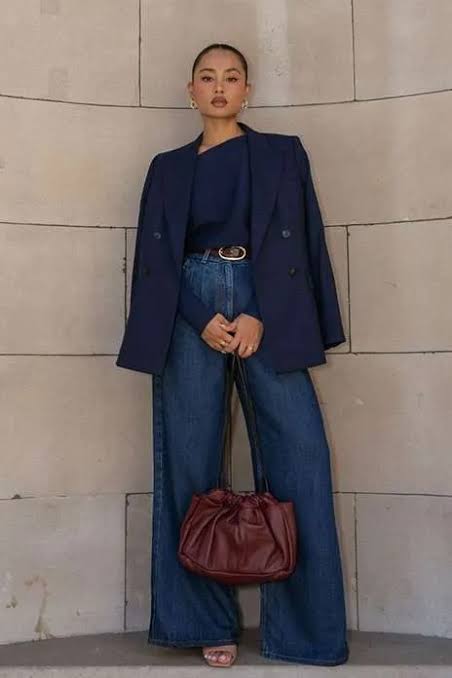 Navy Blazer with Wide-Leg Denim Jeans for a Smart Casual Interview — Interview Outfits