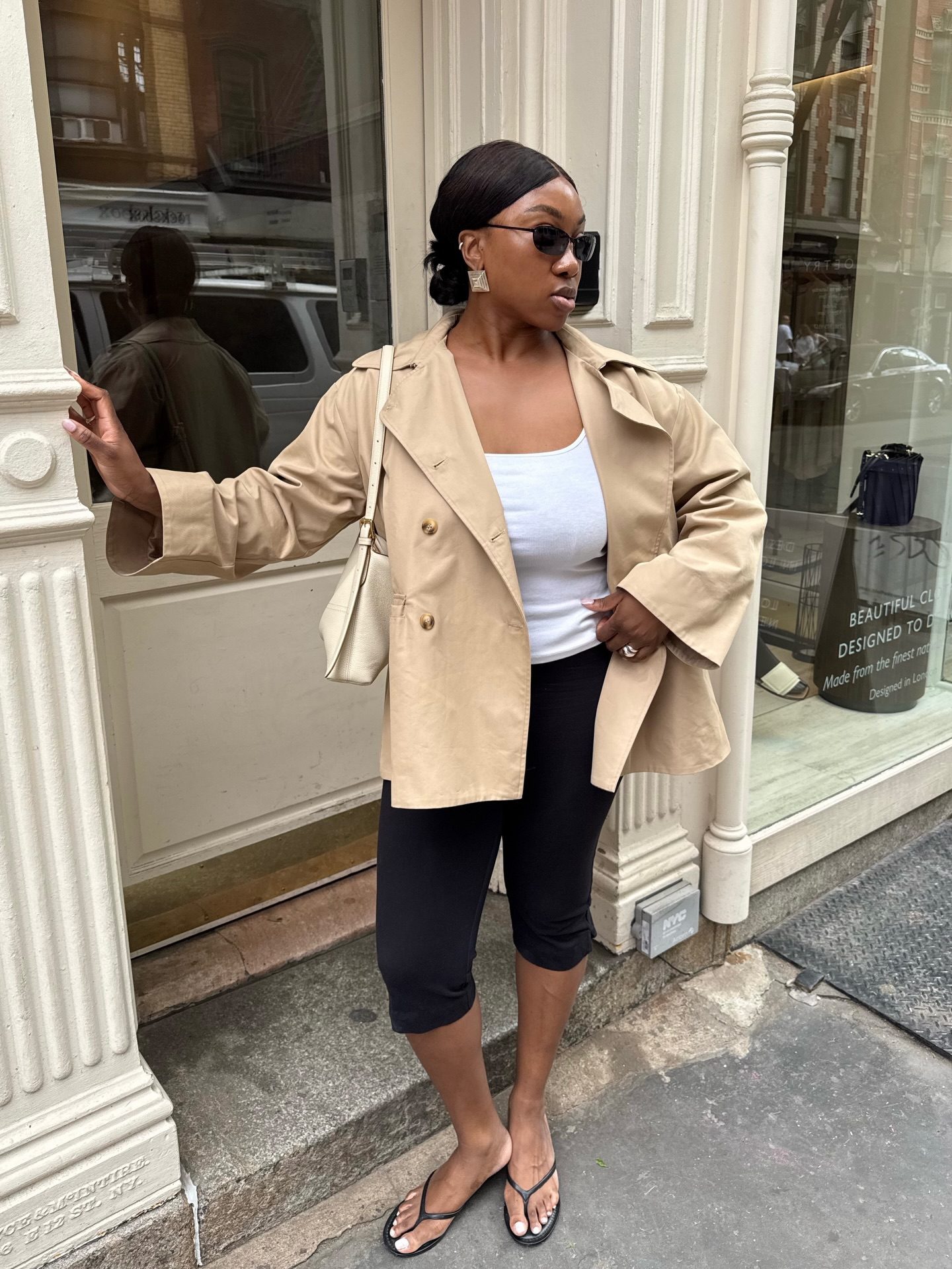 Beige Trench Coat Over Tank and Black Leggings — Comfy Outfits