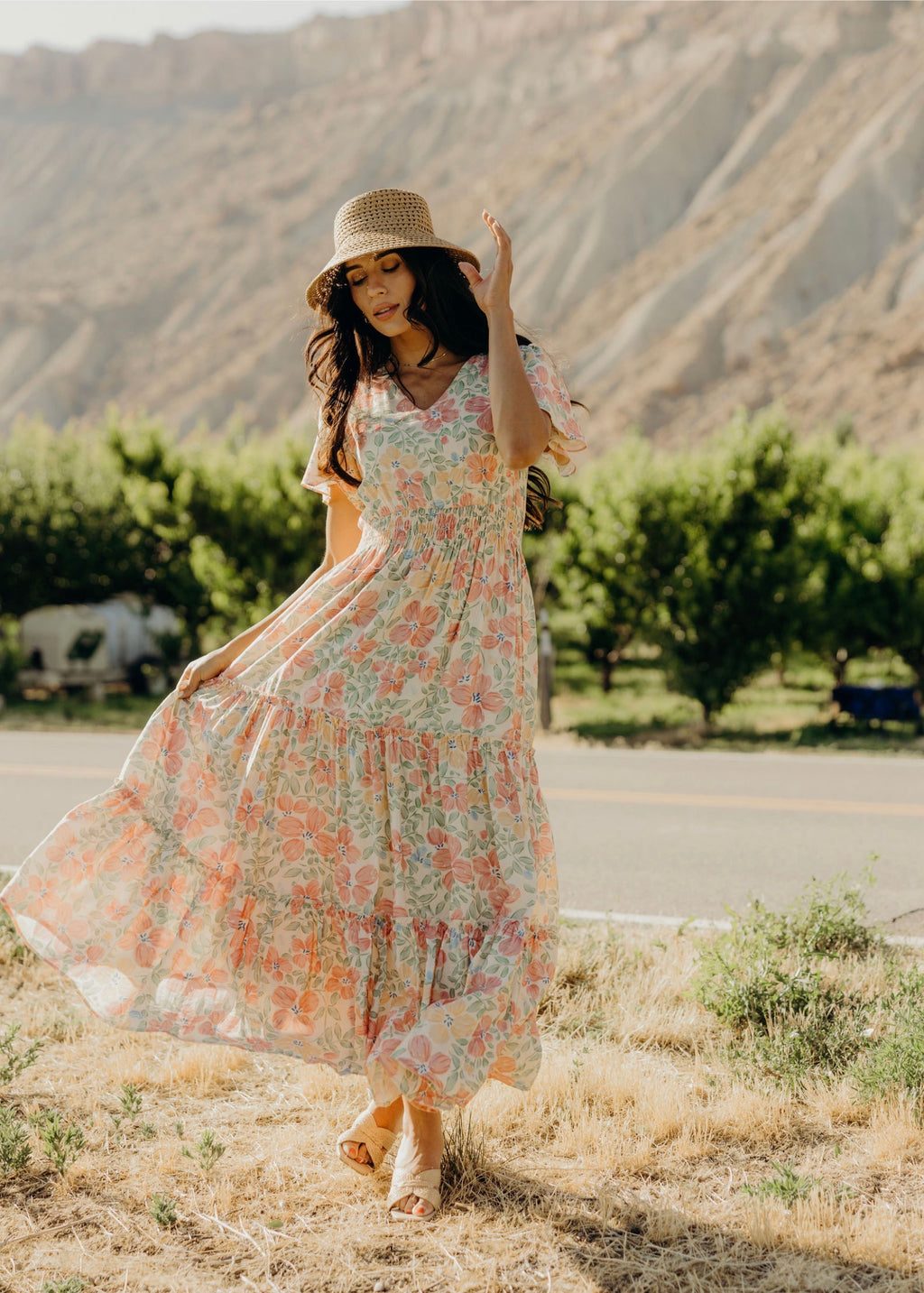 Pastel Floral Tiered Midi Dress with Straw Hat for Summer Pastel Floral Tiered Midi Dress with Straw Hat for Summer — Modest Outfits