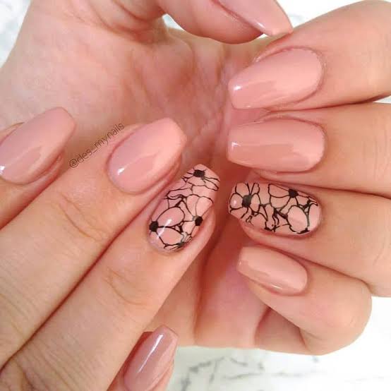 Sheer Pale Pink with Black Floral Line Art — Short Coffin Nails