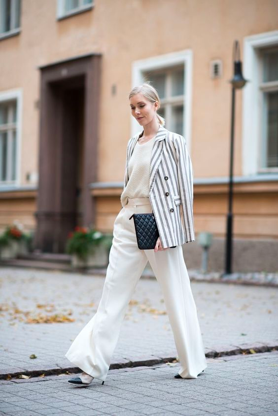 Monochromatic Knit Set Elevated by a Striped Blazer Monochromatic Knit Set Elevated by a Striped Blazer — Scandinavian Outfits