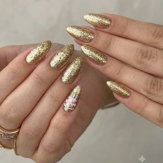 Gold Glitter Miniature Cake Stiletto Nails Gold Glitter Miniature Cake Stiletto Nails — Birthday Nails