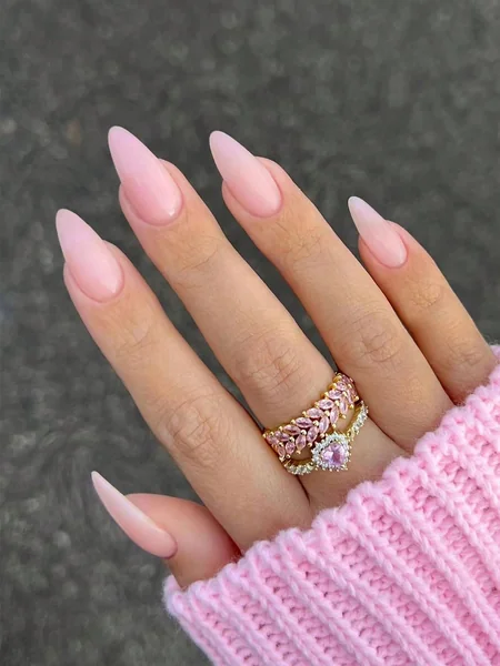 Sheer Pink Glossy Almonds with Rings Sheer Pink Glossy Almonds with Rings — Long Almond Nails