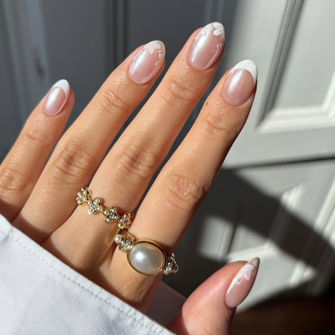 French Tips with White Floral Art French Tips with White Floral Art — White Nails