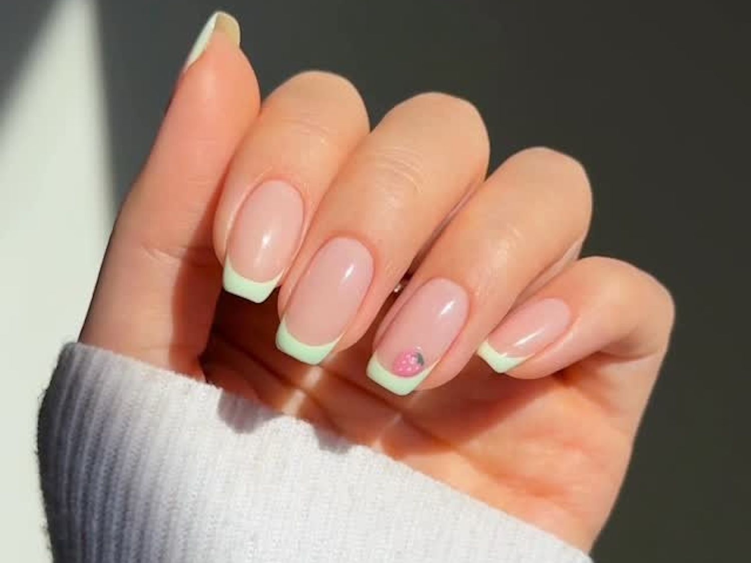 Playful Green Strawberry French Playful Green Strawberry French — Short French Tip Nails