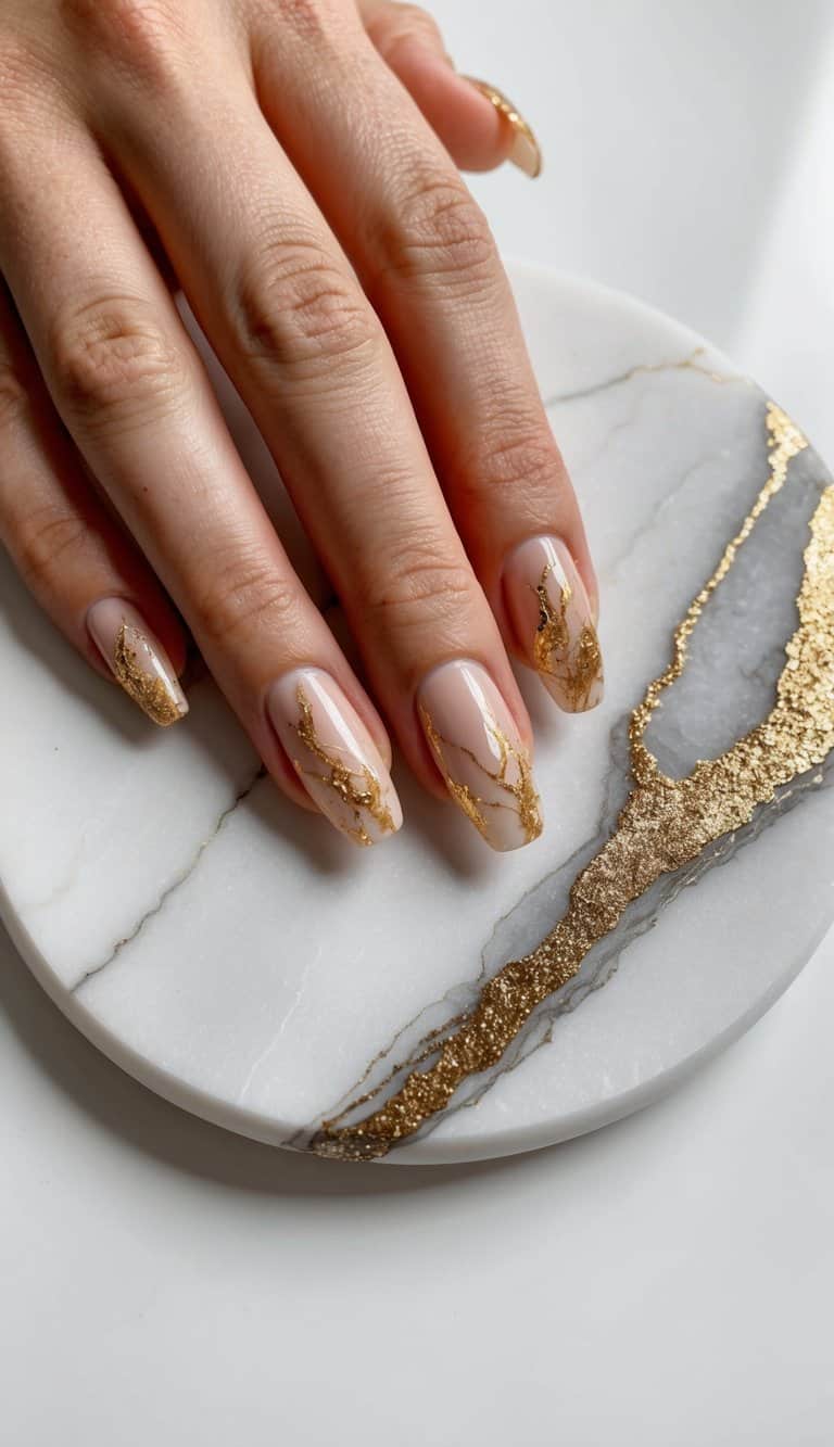 Nude Gold Foil Marble Nails Nude Gold Foil Marble Nails — Gold Nails