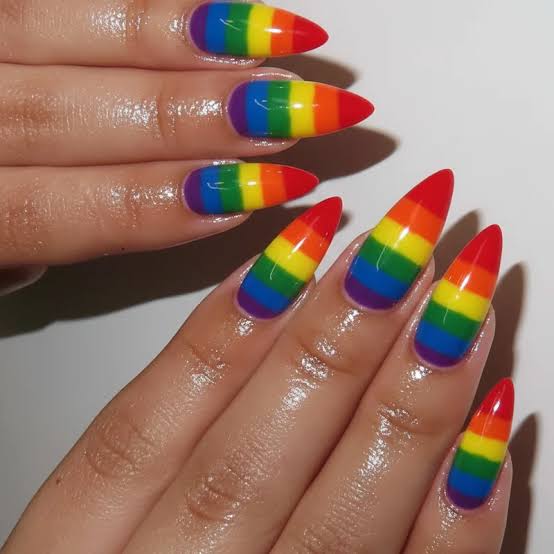Long Stiletto Vibrant Jelly Rainbow Stripes — Rainbow Nails
