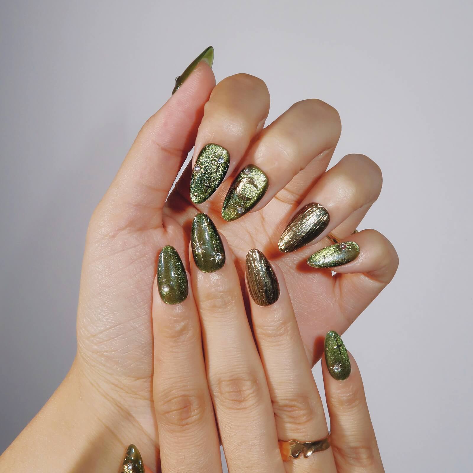 Glossy Metallic Visual Idea — Olive Green Nails