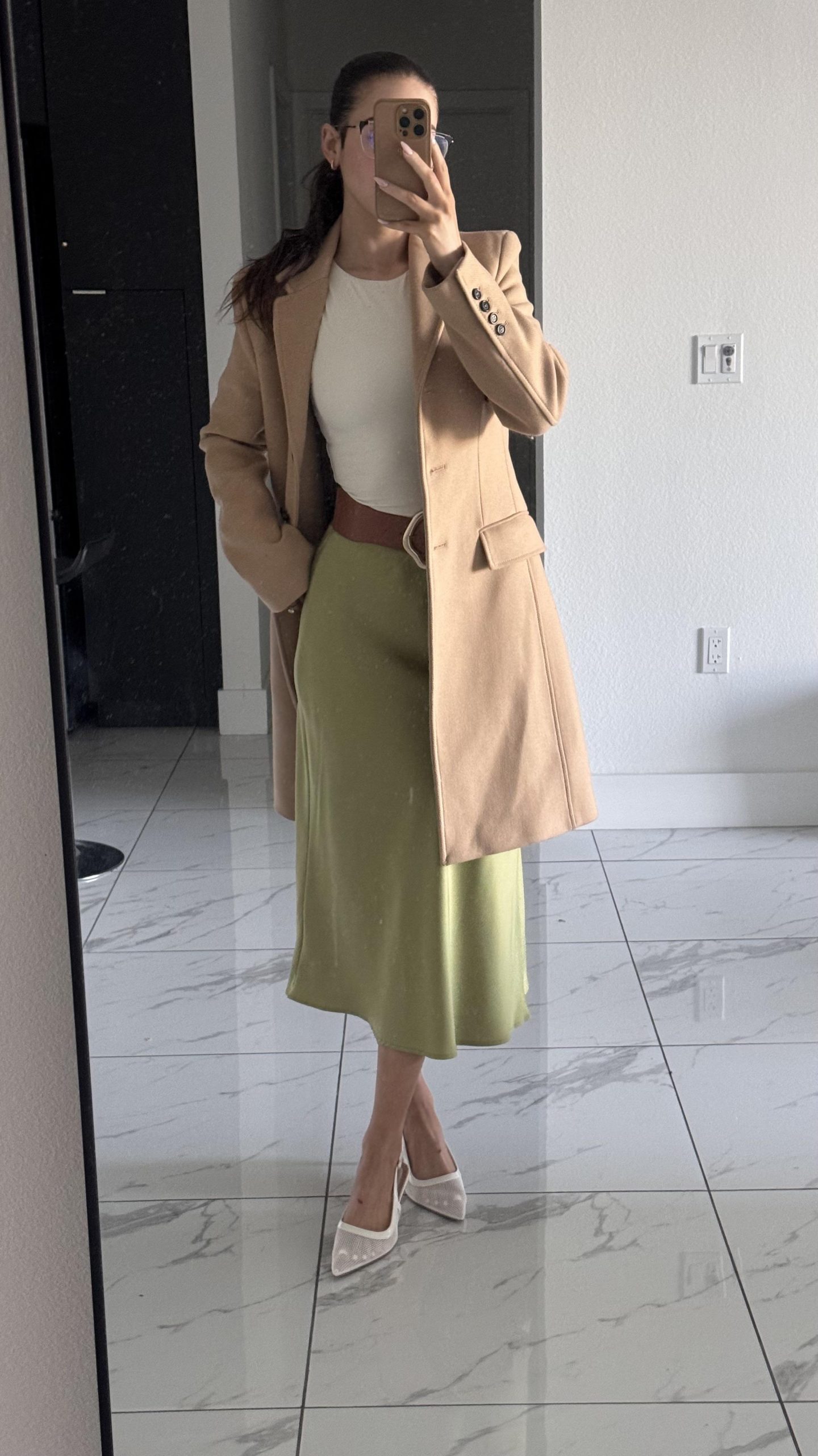 Sophisticated Camel Blazer with Olive Midi Skirt Sophisticated Camel Blazer with Olive Midi Skirt — Basic Outfits