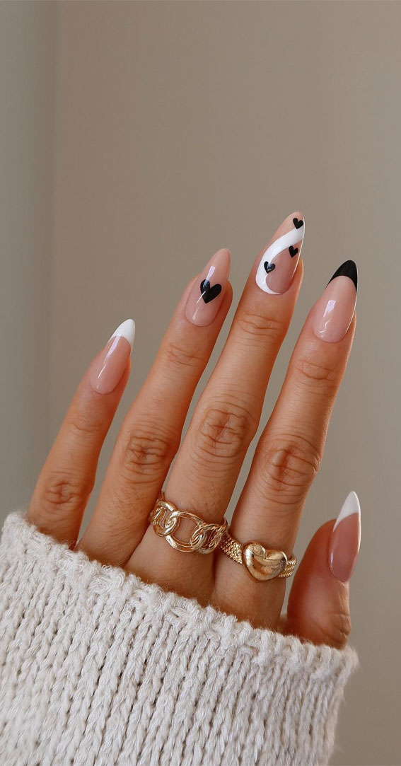 Edgy Black French Tips with Heart Details Edgy Black French Tips with Heart Details — Date Night Nails