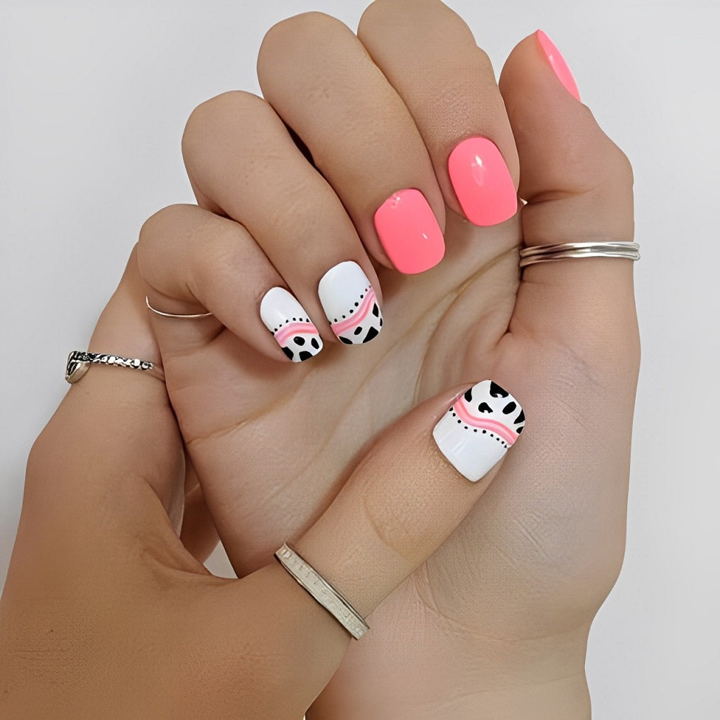 Cow Print Neon French Almonds Cow Print Neon French Almonds — Concert Nails
