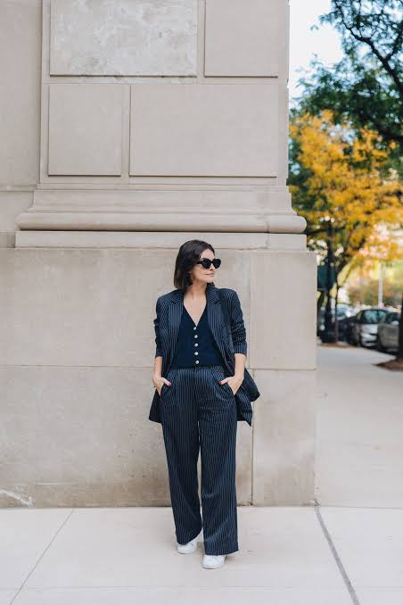Pinstripe Suit with Sneakers for Business Casual — Business Professional Outfits